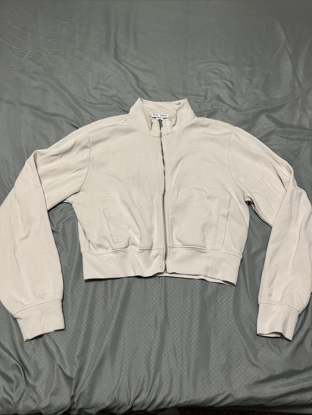 Cropped Zip-Front Hoodie in Light Beige